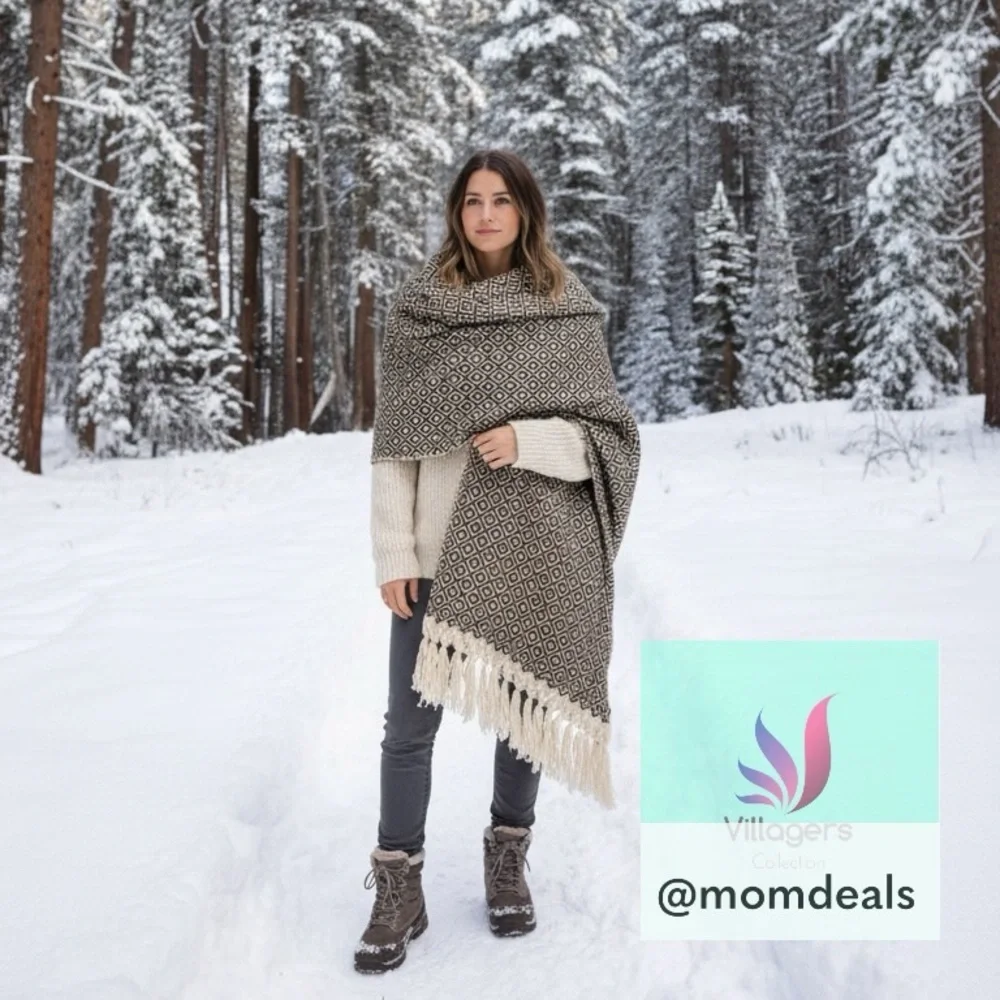 Mexican Rebozo Shawl in Brown on Cream –100% Raw Wool, Thick, Large Winter Wrap